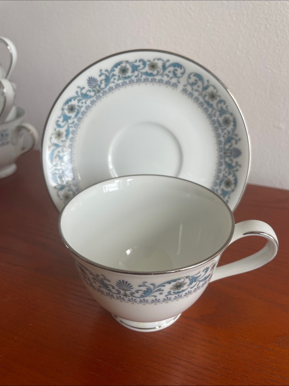 Noritake Nitto Ware Bonheur Teacup & Saucers Blue Floral Border and Silver Trim